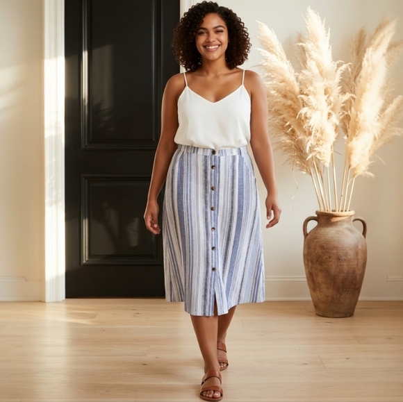 St. John's Bay Women's Chambray Midi Maxi Skirt 2X Button Front Cotton Linen - Picture 2 of 10